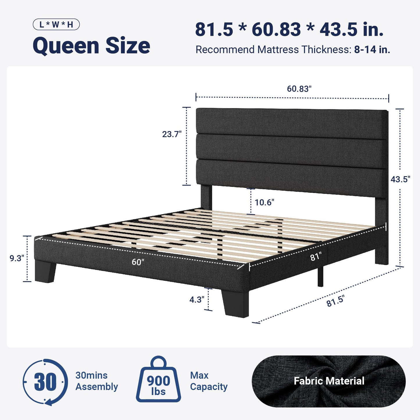 Allewie Queen Size Platform Bed Frame with Fabric Upholstered Headboard