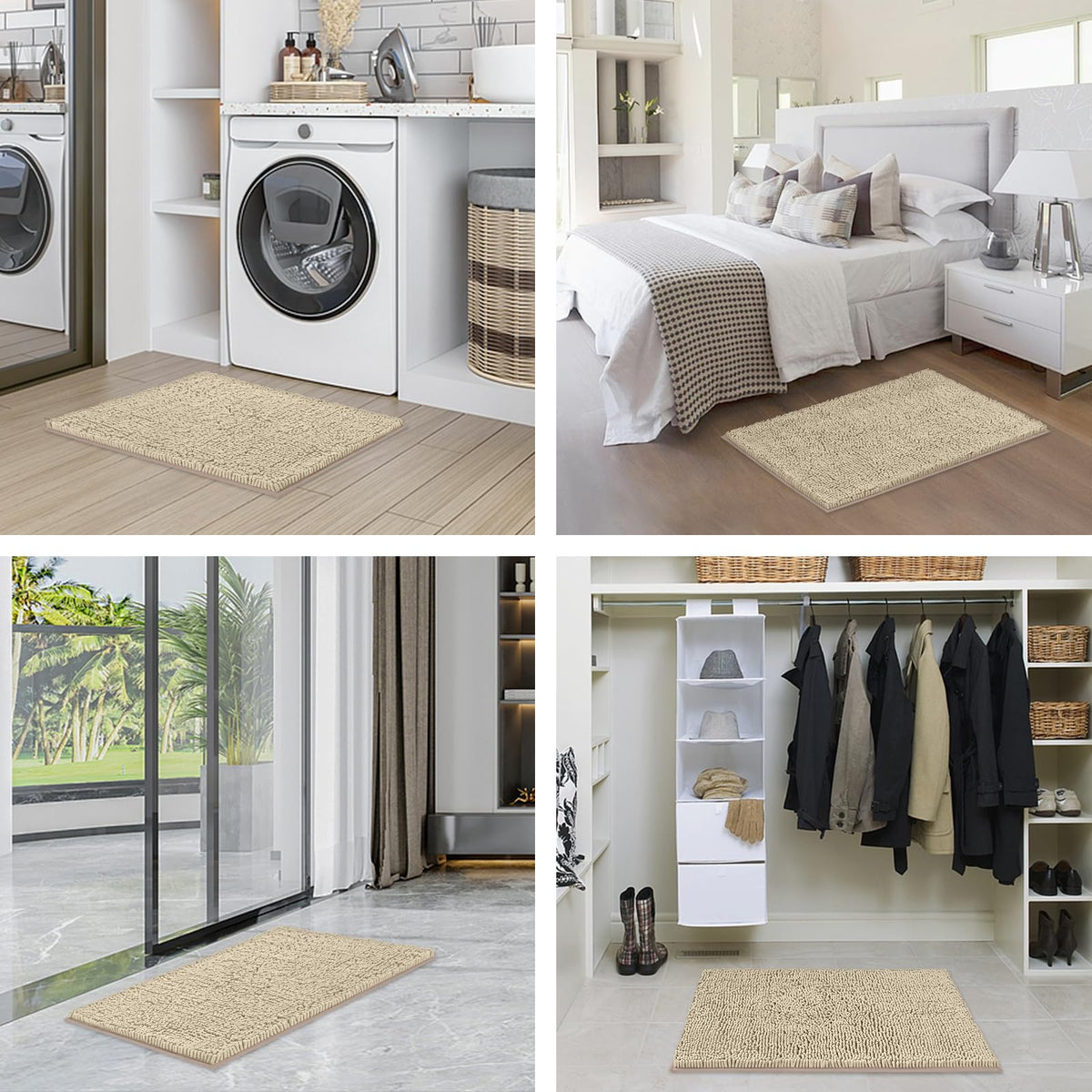 Hbsmat Bathroom Rug Set 3 Pieces Luxuriously Soft, Highly Absorbent Chenille Bath Rugs with Non-Slip PVC Backing and Machine Washable Toilet Rug for Bathroom, Bedroom, Kitchen, Hallway, Beige