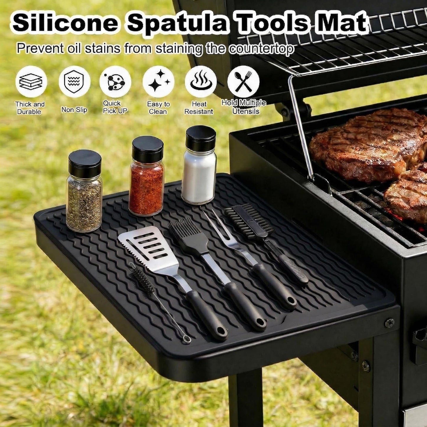 Silicone Grill Tools Mat for Blackstone Weber Traeger Pit Boss Flat Top Grill Smoker,BBQ Accessories Pad Mats for Outdoor Kitchen Counter Cooking, Side Shelf Spatula Mat,Gifts for Men (Black)