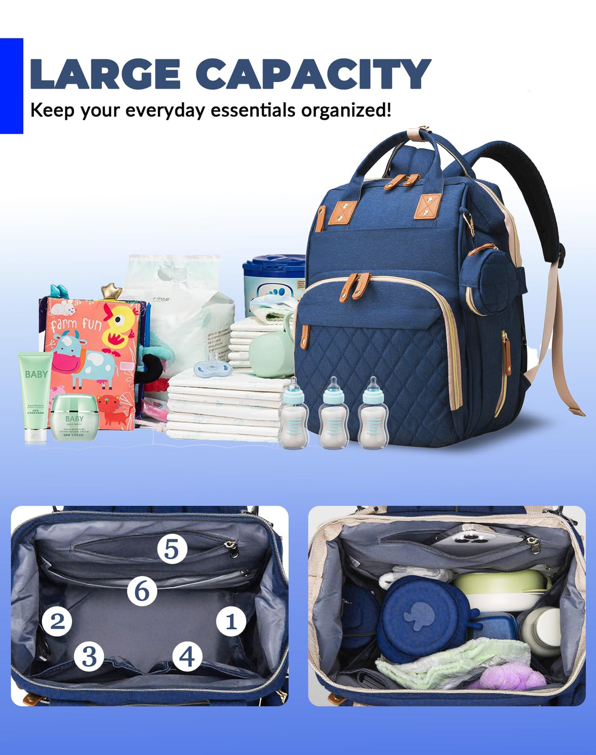 Lamroro Diaper Bag with Changing Station, Waterproof 3 in 1 Diaper Backpack with Foldable Changing Pad, USB Charging Port, Large Travel Backpack for Mom & Dad, Baby essentials-Blue