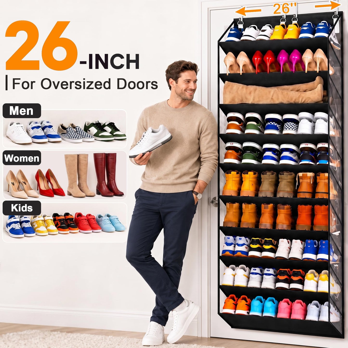 UVIAHOMI 30-40 Pairs Over the Door Shoe Organizer, Clear Pockets Hanging Shoe Storage for Closet, 10-Tier Door Shoes Rack, Handing Shoes Holder Fit All the Family's Sneakers, Boots, Heels, Black