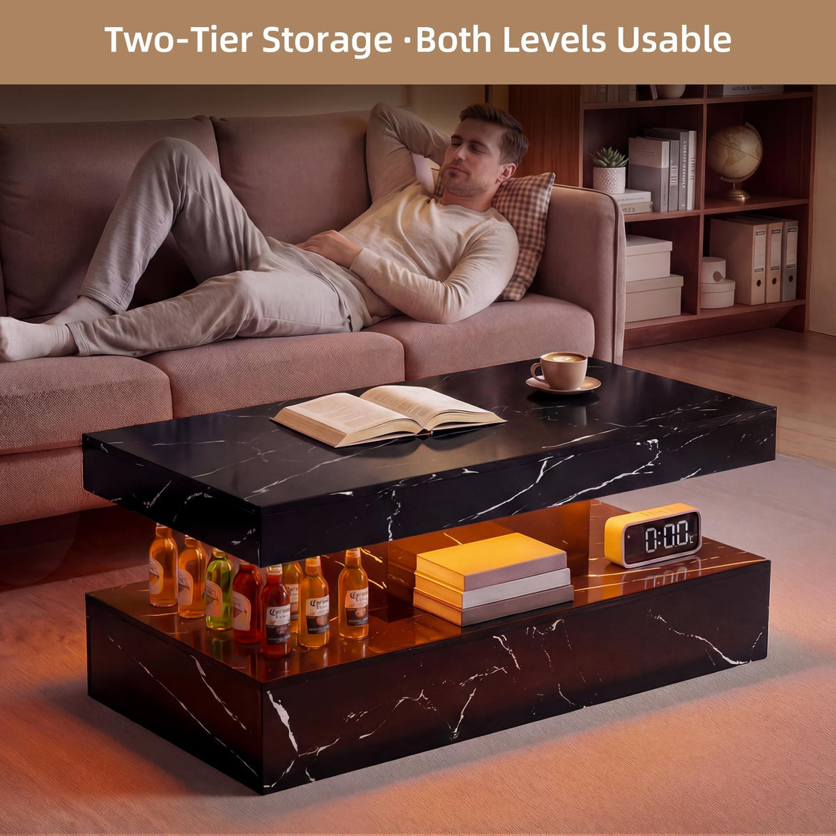 Fabulcozy 40" Modern Coffee Table with Storage Shelf, Faux Marble Fixed‑Top Center Table with LED Ambient Light, 2‑Tier Versatile Accent Table for Living Room & Small Spaces, Black