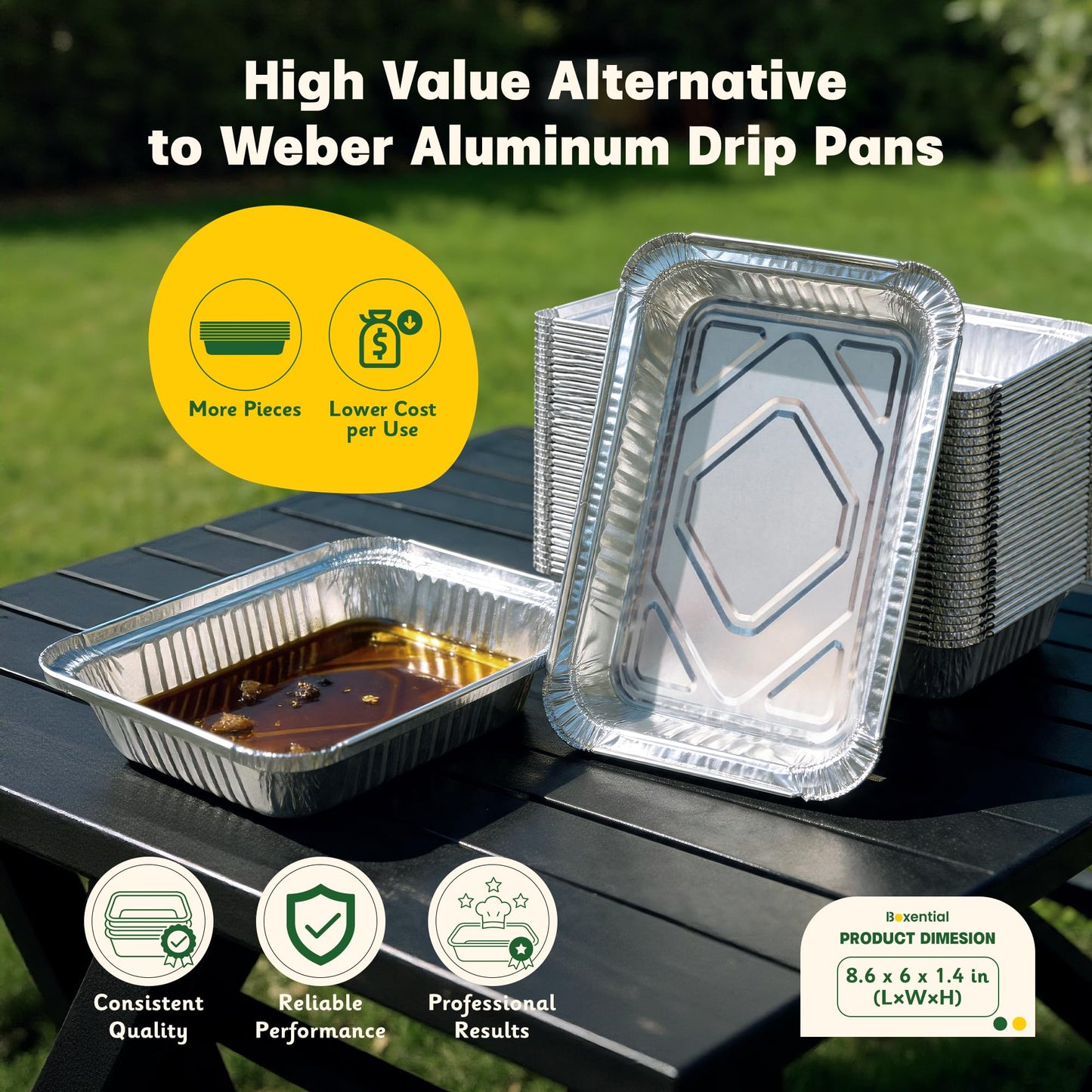 Boxential 25 Pack 8.6" x 6" Grill Drip Pans Compatible with Weber Q, Spirit & Genesis Series – Aluminum Grease Tray Liners for Weber Grill Drip Tray, Grease Catcher Replacement, Disposable Foil Pans