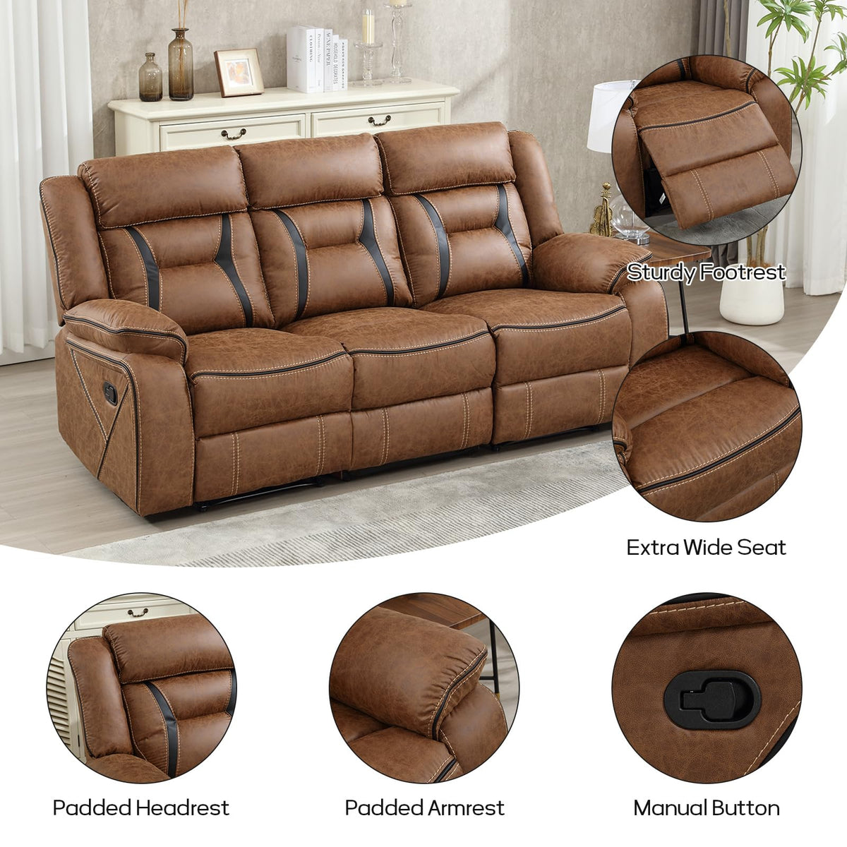 EBELLO Faux Leather Recliner Sofa Furniture Set for Living Room, Recliner Chair, Manual Loveseat, 3 Seat Recliniing Sofa Couch Set for Meeting Room, Brown