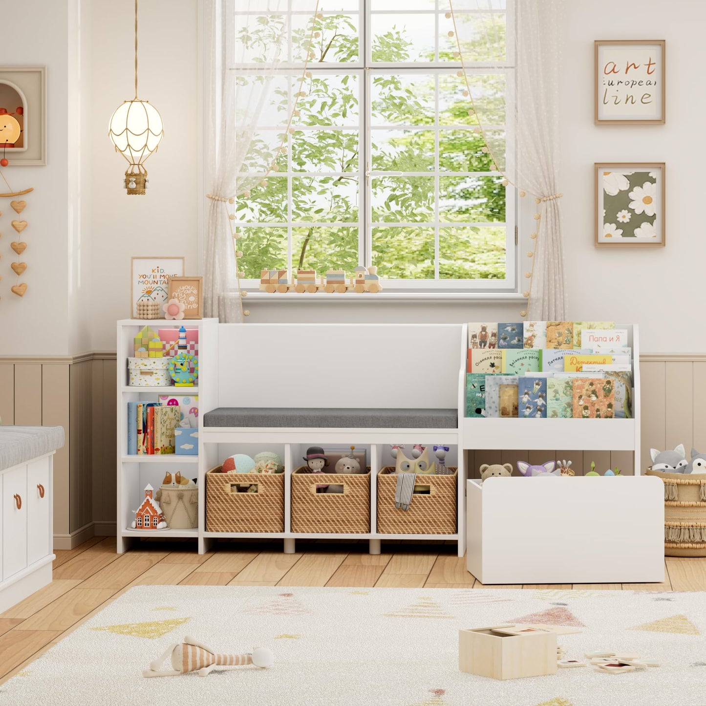 HOSTACK 67" W Kids Reading Nook with Toy Storage Organizer, Large Kids Bookshelf with Toy Storage Box on Wheels, Big Kid Bookcase with Bench and 6 Open Cubbies for Playroom, Kid Room, White