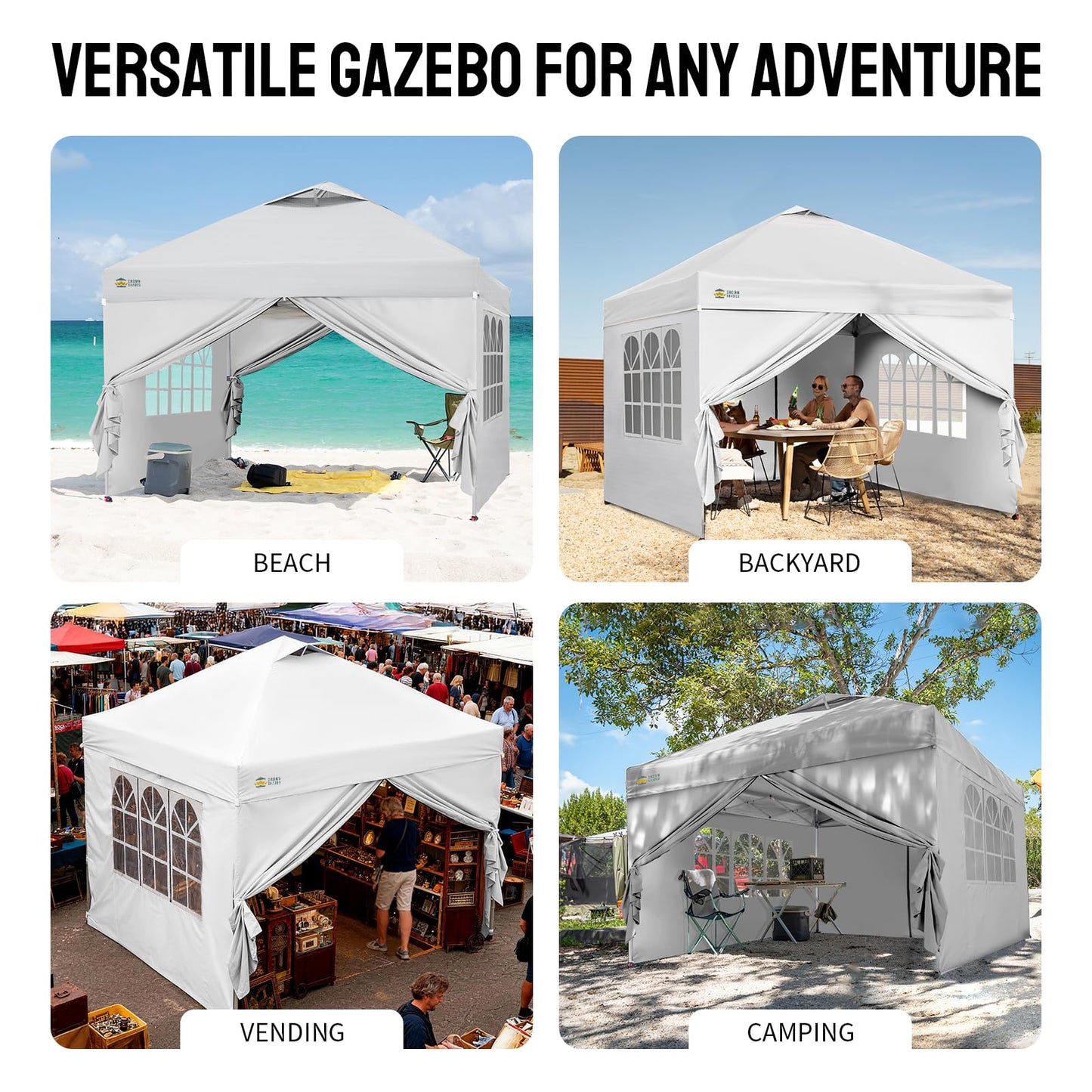 CROWN SHADES 10X10 Pop Up Canopy, Outdoor Camping Canopy Tent, 150D Silver-Coated Fabric, with 4 Sidewalls, 4 Sand Bags, Metal Frame, White