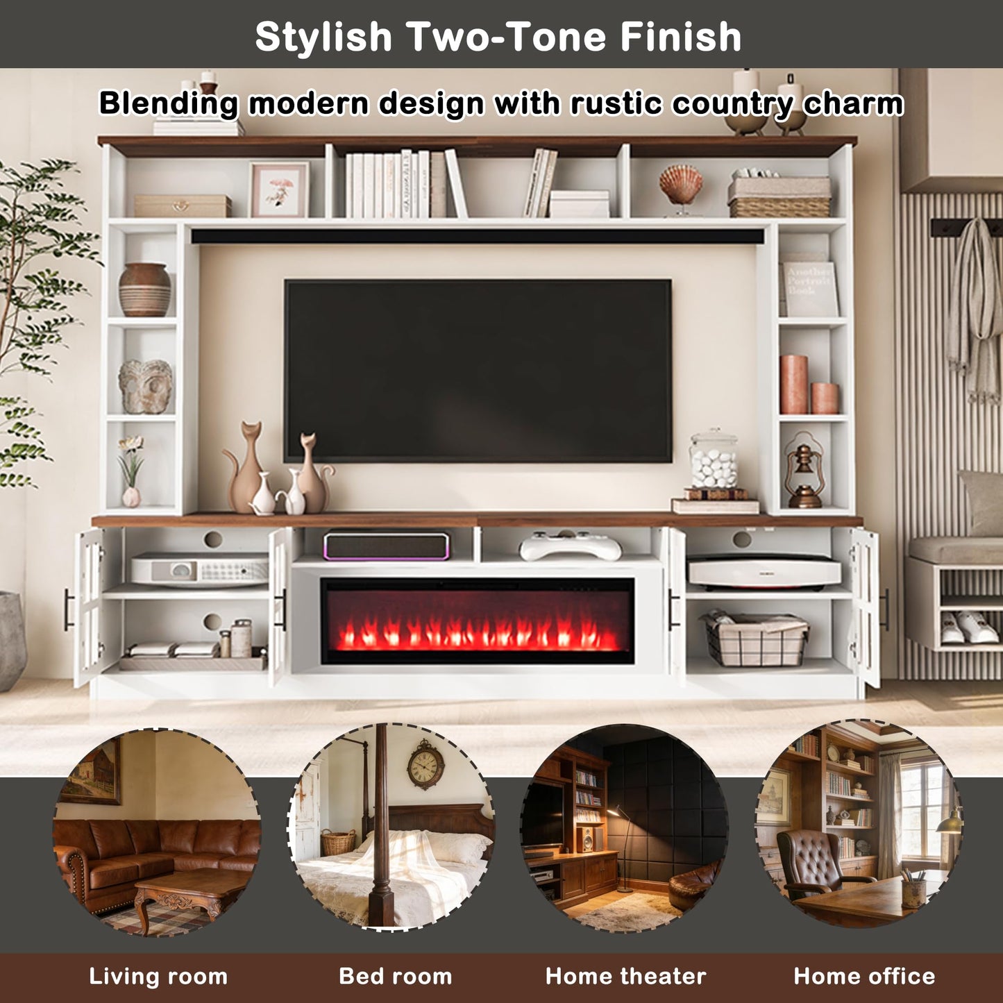 TUNGTAR Entertainment Center with Electric Fireplace, Solid Wood, Modern Farmhouse, for TVs up to 80", Glass Cabinet Doors, Adjustable Shelves, 95.5" W (White + Walnut)