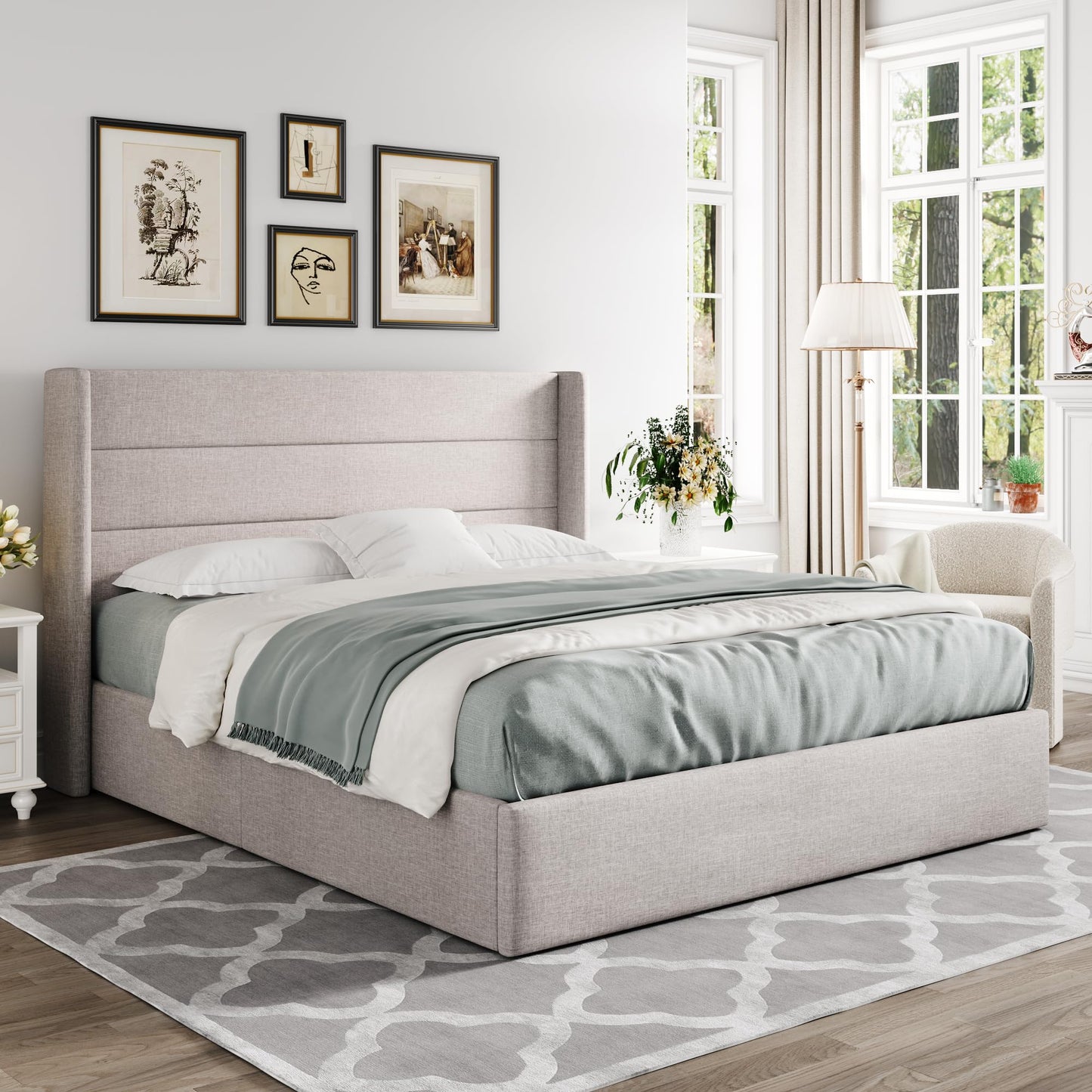 Allewie Full Size Lift Up Hydraulic Storage Bed Frame Light Beige