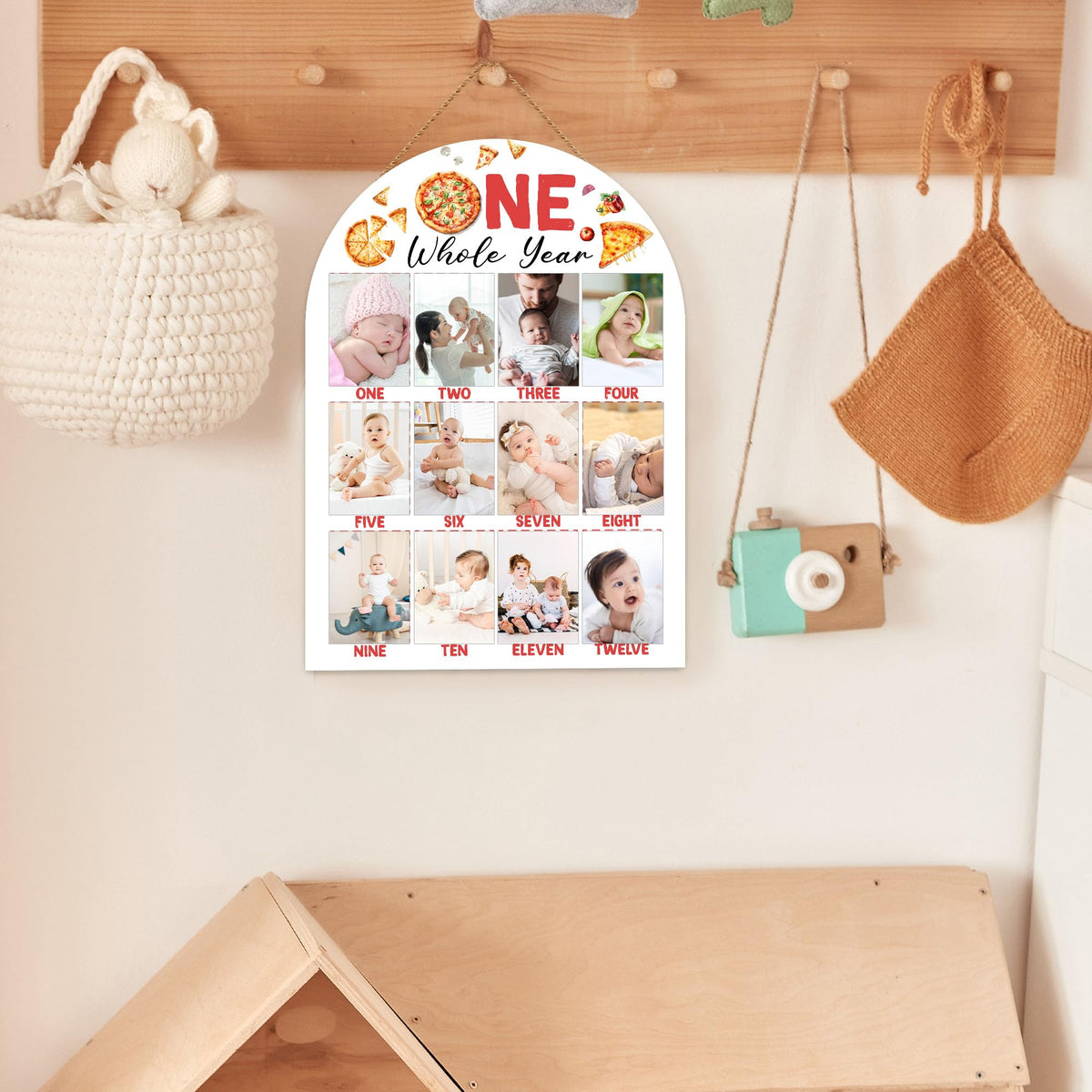 Pizza My First Year Photo Board, One Whole Year Birthday Decoration Photo Frame, 12 Monthly Baby Milestone Wooden Sign, Pizza Nursery Decor for Boy Girl, Gender Neutral Baby Keepsake Gifts-A07