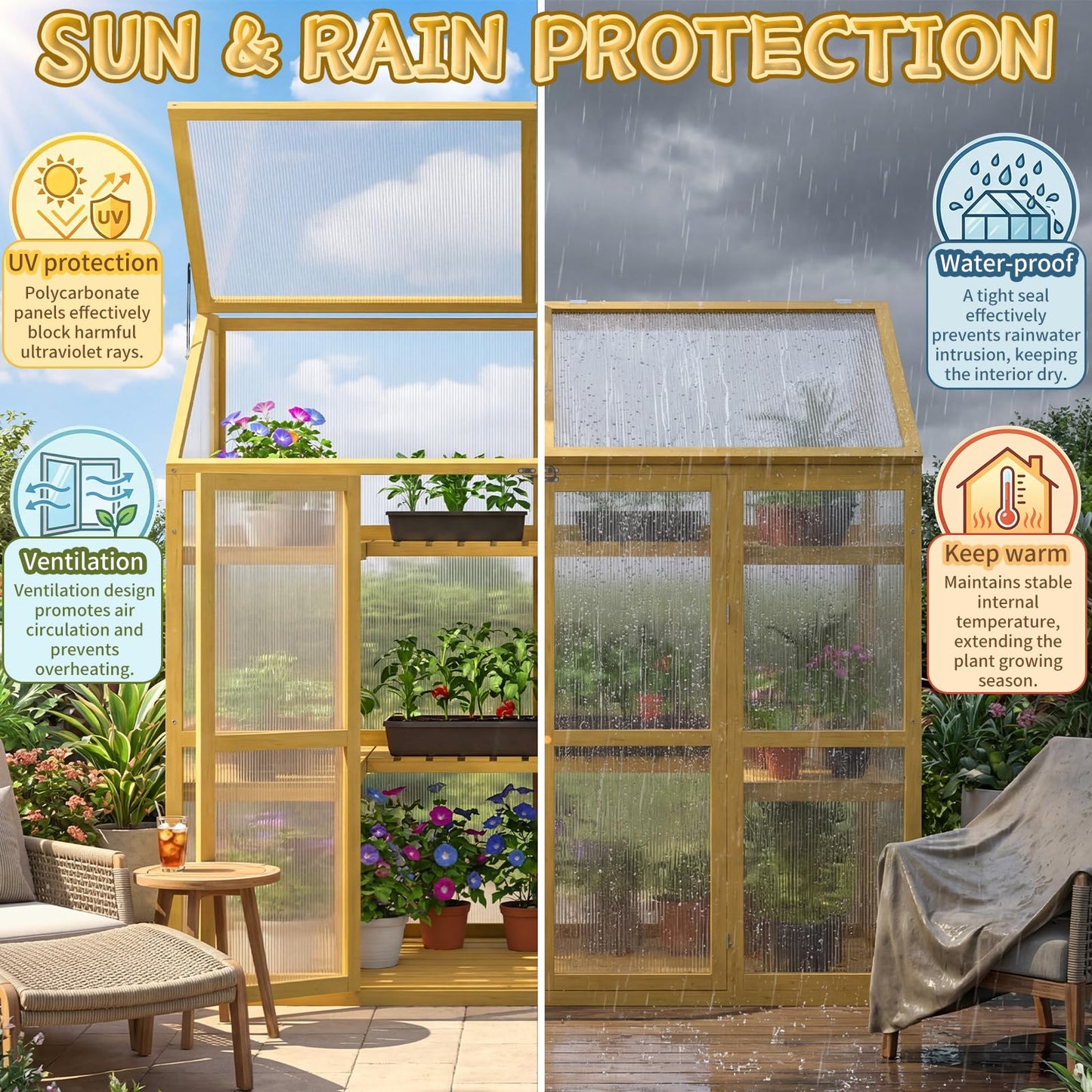 BKSFOAA Wooden Cold Frame Greenhouse with Transparent Flip-Top Roof, Solid Wood Greenhouse Cabinet, Garden Raised Flower Plants Shelf Protection for Outdoor Indoor, Natural
