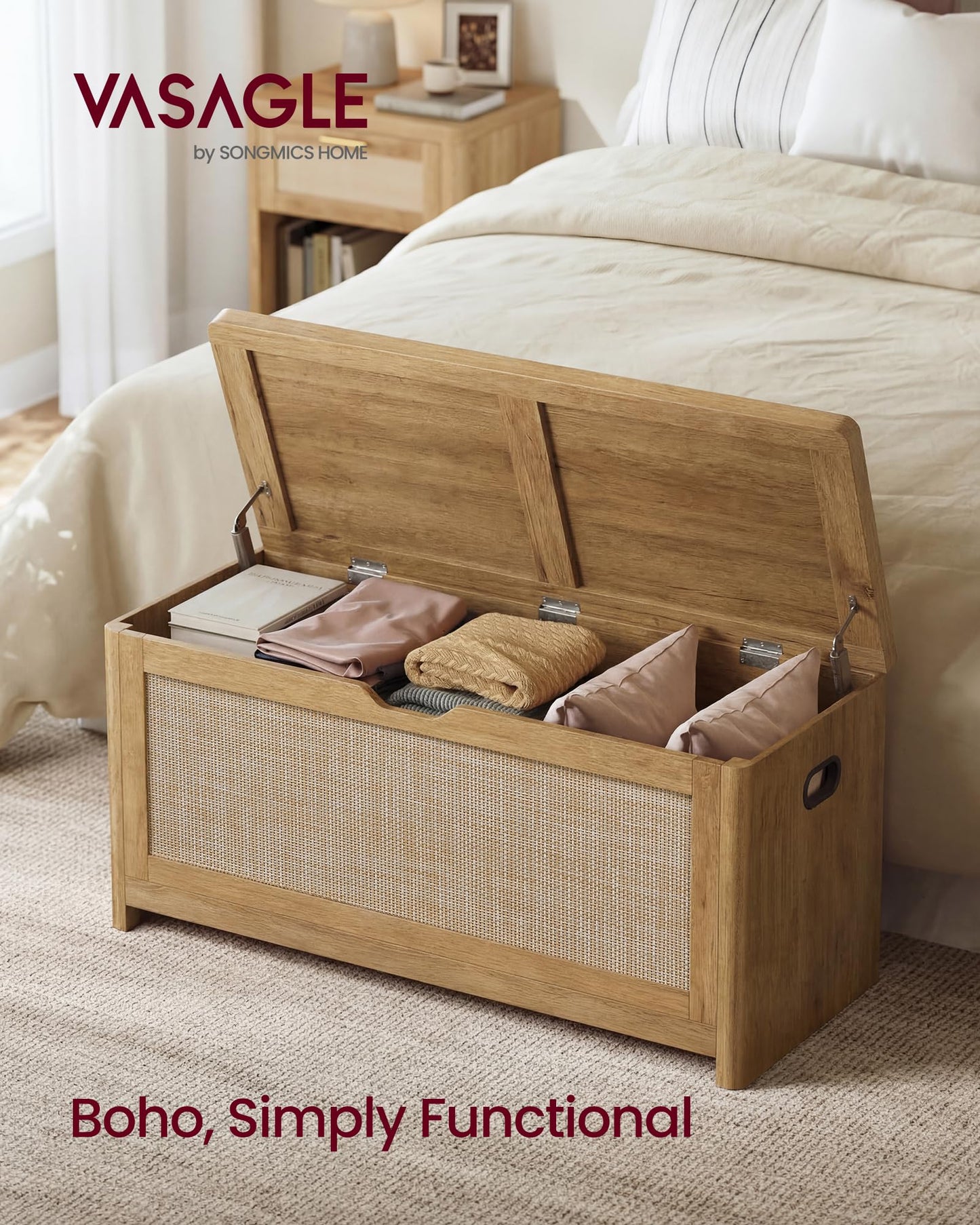 VASAGLE Boho Storage Bench with Rattan Look, Rounded Corners