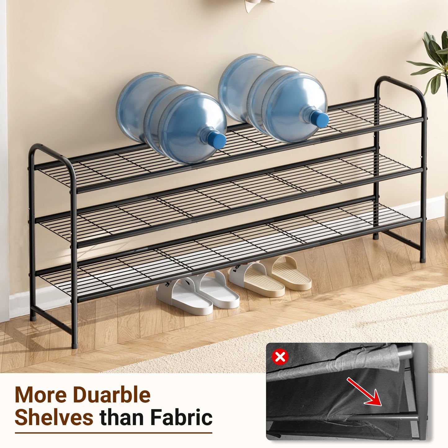 KEETDY 3-Tier Long Shoe Rack for Closet Metal Shoe Organizer for Entryway, Wide Stackable Shoe Storage Shelf with Sturdy Wire Grid for Closet Floor, Bedroom, Black