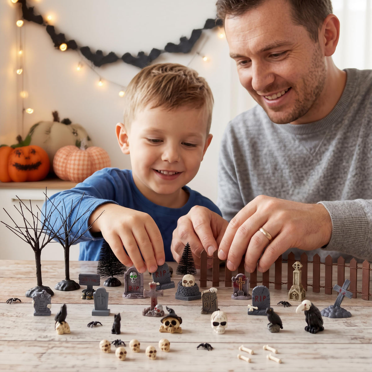 JOYIN 61 Pcs Halloween Village Accessories Set Miniature Graveyard Decorations, Mini Tombstones, Crows, Black Cat, Skulls, Spiders, Fence and Trees for Halloween Town Mini Scene Garden Dollhouse Decor