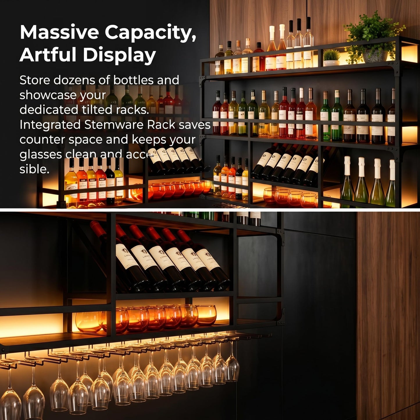 RAJYQODIS 47in Wall Mounted Wine Rack with LED Lights, Floating Industrial Liquor Glass Holder 3 Tiers, Large Metal Wine Bottle Display Rack Hanging Shelf, for Home Bar Dining Room Decorative