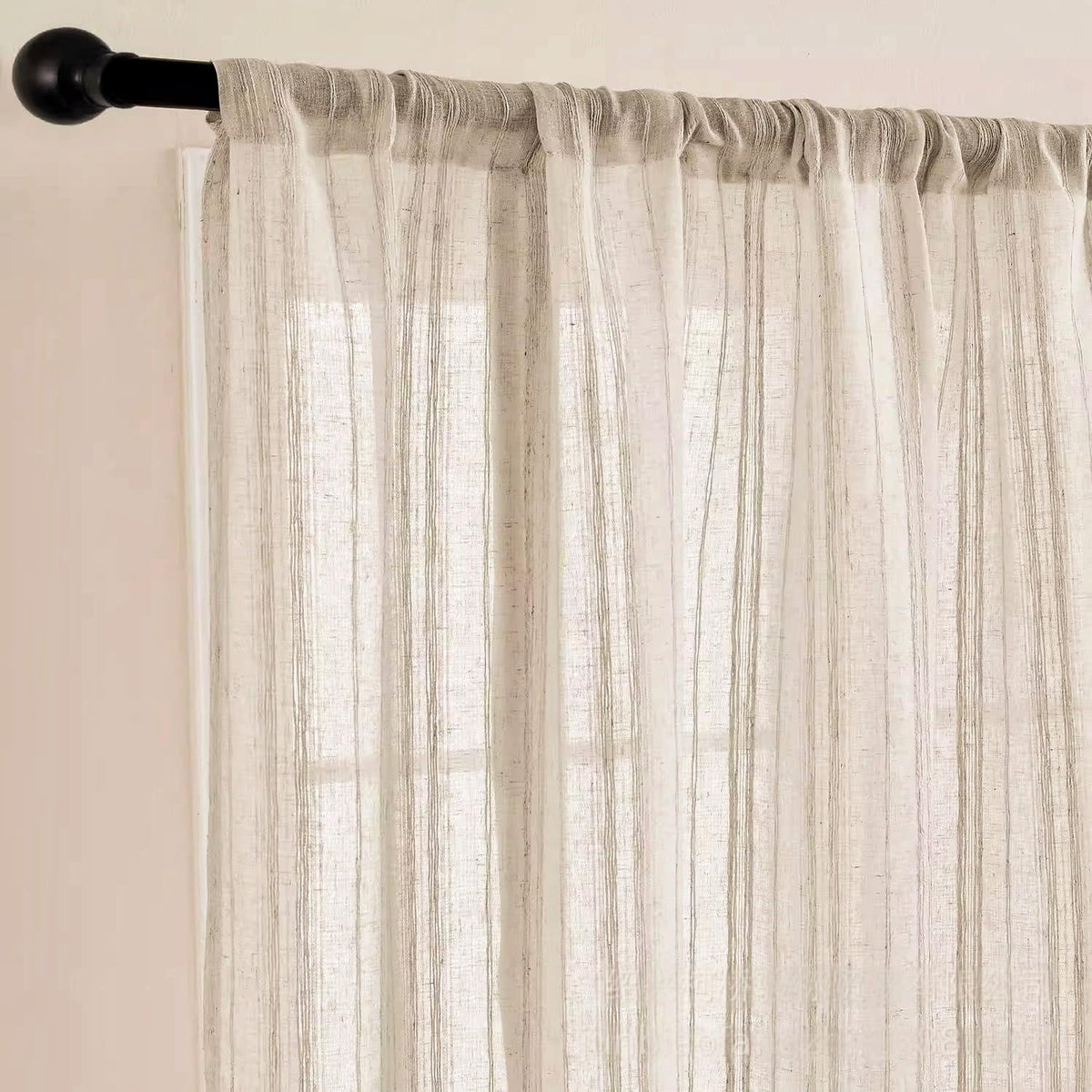 Gxi Beige Striped Sheer Curtain Tie Up Balloon Curtain for Kitchen Bathroom