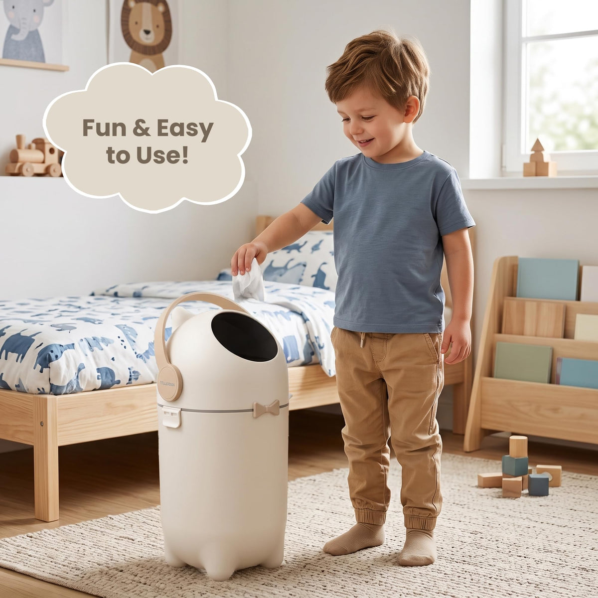 iTouchless 4 Gal Kids Room Wastebasket | Odor-Sealing Bin | Boho Ivory
