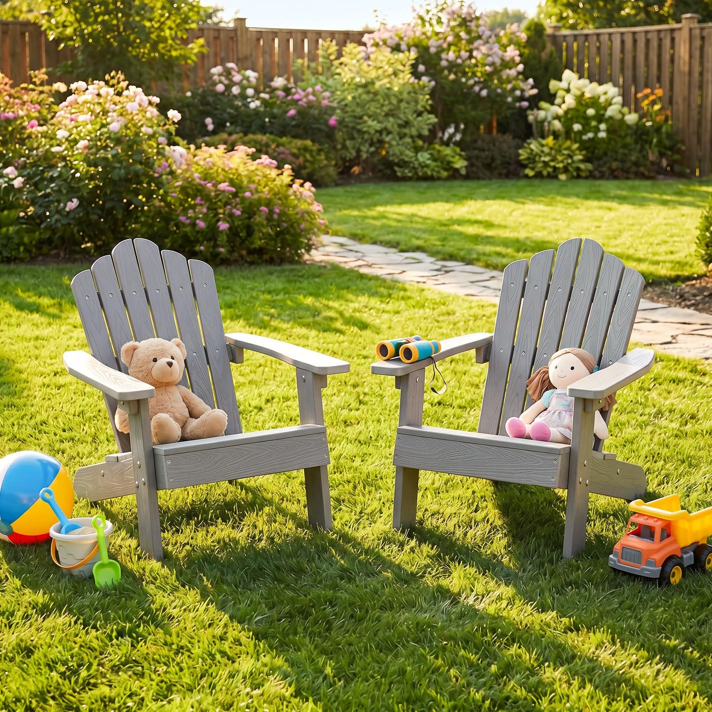 Costzon Kids Adirondack Chair, All-Weather HIPS Toddler Outdoor Chair, Wooden Textured Plastic Fire Pit Chair, Kids Patio Chair for Backyard Lawn Garden, Fits Children Age 3-7 Years (1, Gray)