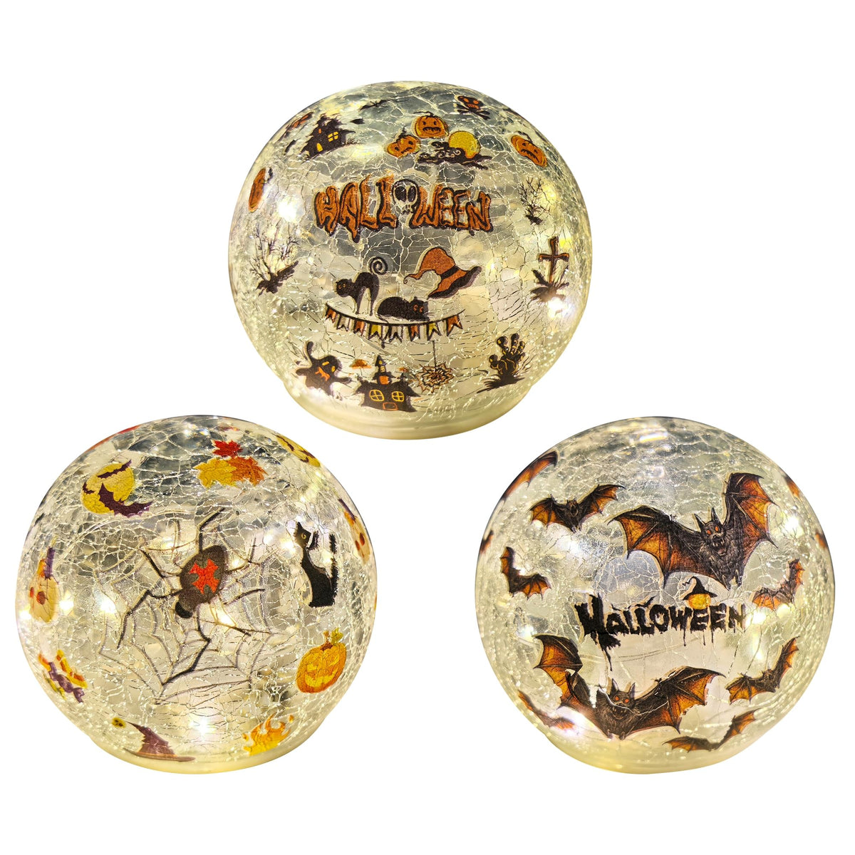 3 Pack Halloween Desktop Decorative Lights, Interior Decorations, LED Cracked Glass Ball Lights with Timer (Brown Bat)