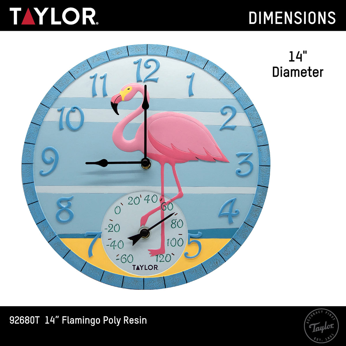 Taylor 14 Inch Resin in/Out Clock with Thermometer - Flamingo