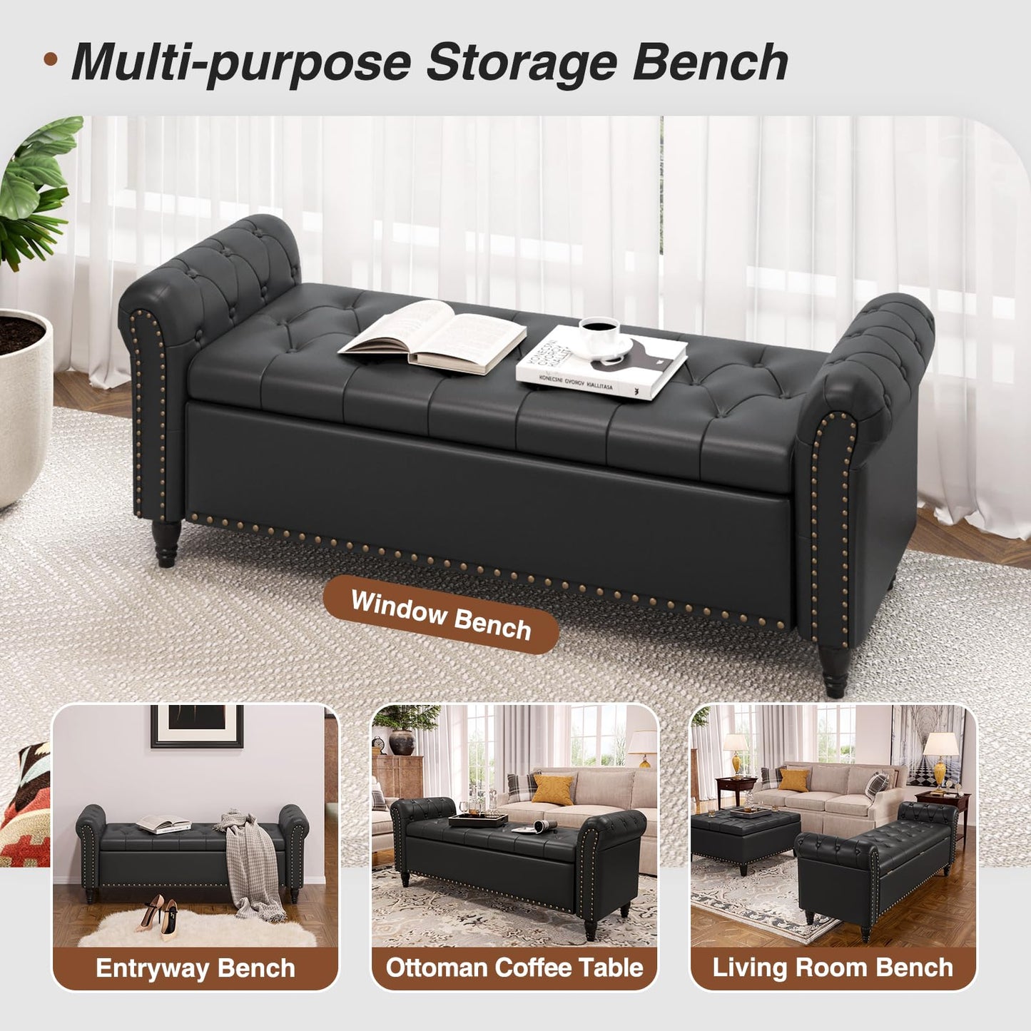 FiveWillowise 65" Bedroom Bench, End of Bed Bench with Storage, Black