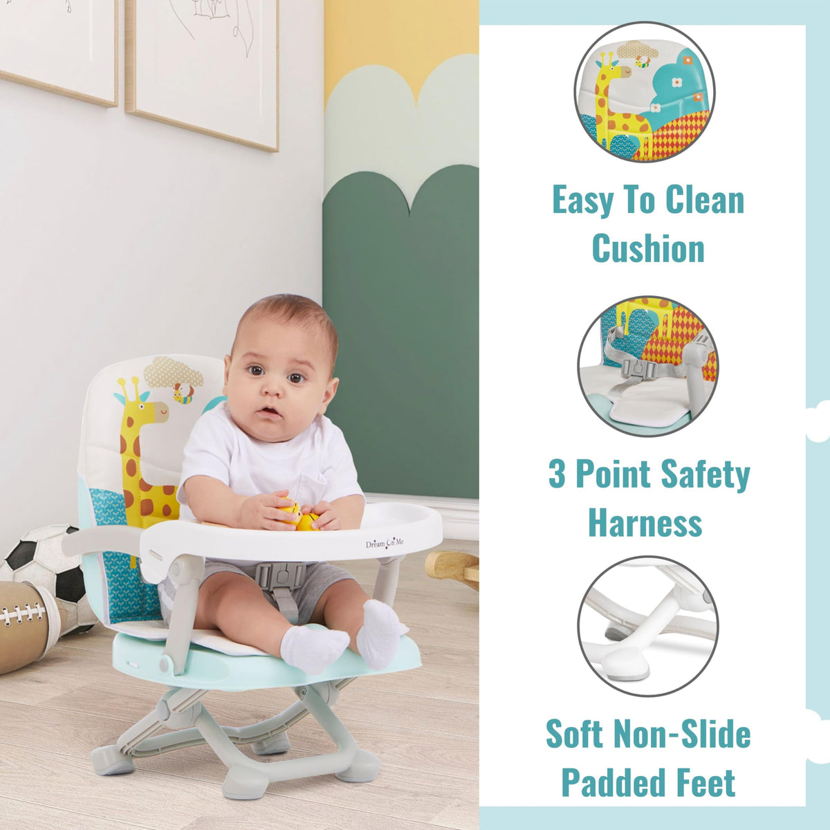 Dream On Me Munch N Go Booster Seat for Babies 6–36 Months, 3-in-1 Feeding, Floor & Table Seat, Adjustable 4 Heights, Lightweight Portable Design, 3-Point Safety Harness, Easy to Fold & Carry- Mint