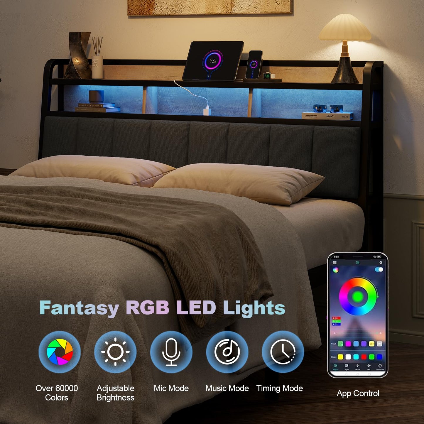 Lefurture Queen Headboard Only with Storage, Upholstered Headboards for Queen Size Bed with LED Light, Charging Station, Height Adjustable, Sturdy and Stable Headboard, Black & Brown