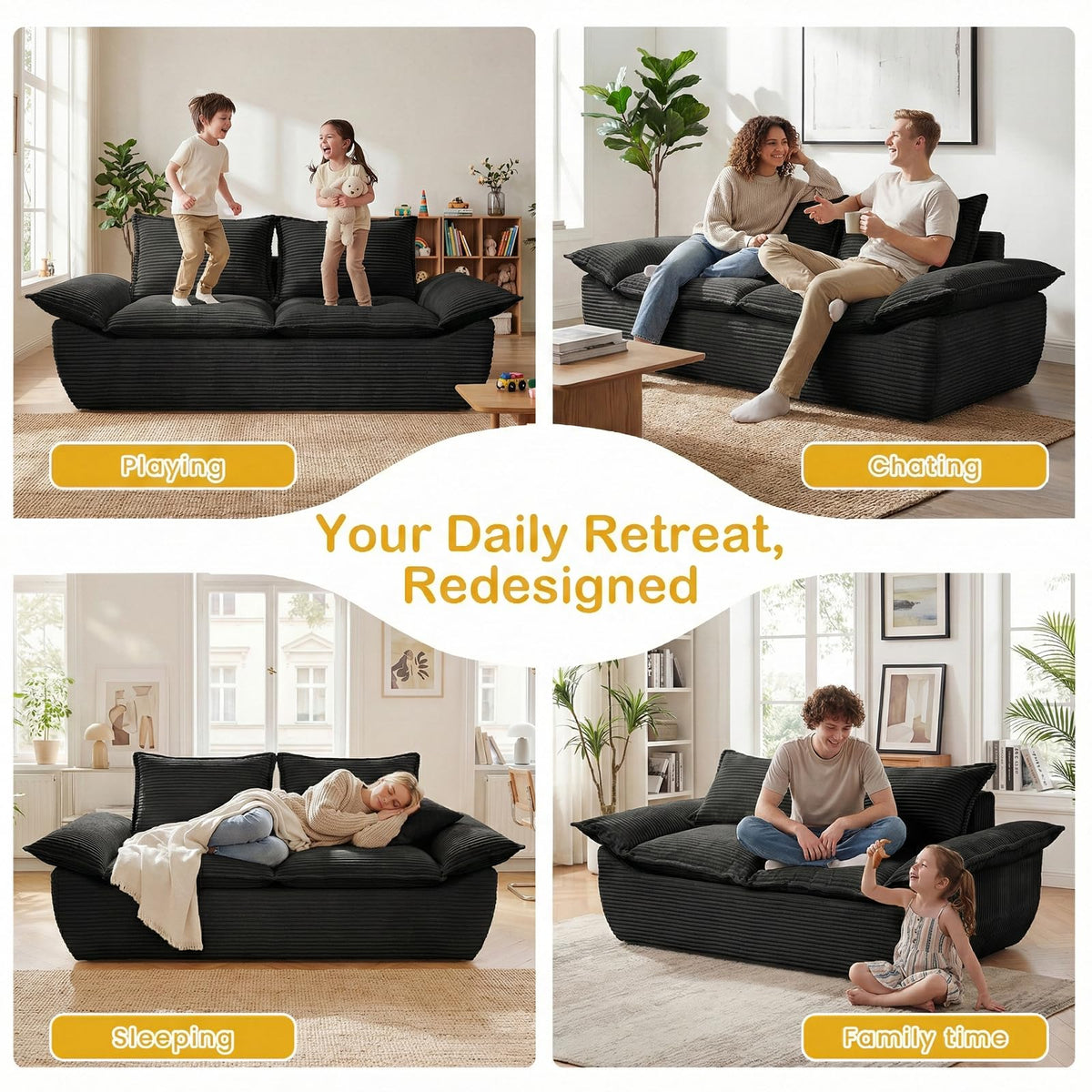 AOLVDOW 56" Boneless Loveseat, 2-Seater Black Boneless Sofa with Removable Cushions & 2 Pillows, Small Mini Couch Boneless Foam Sofa for Living Room, Apartments, & Office