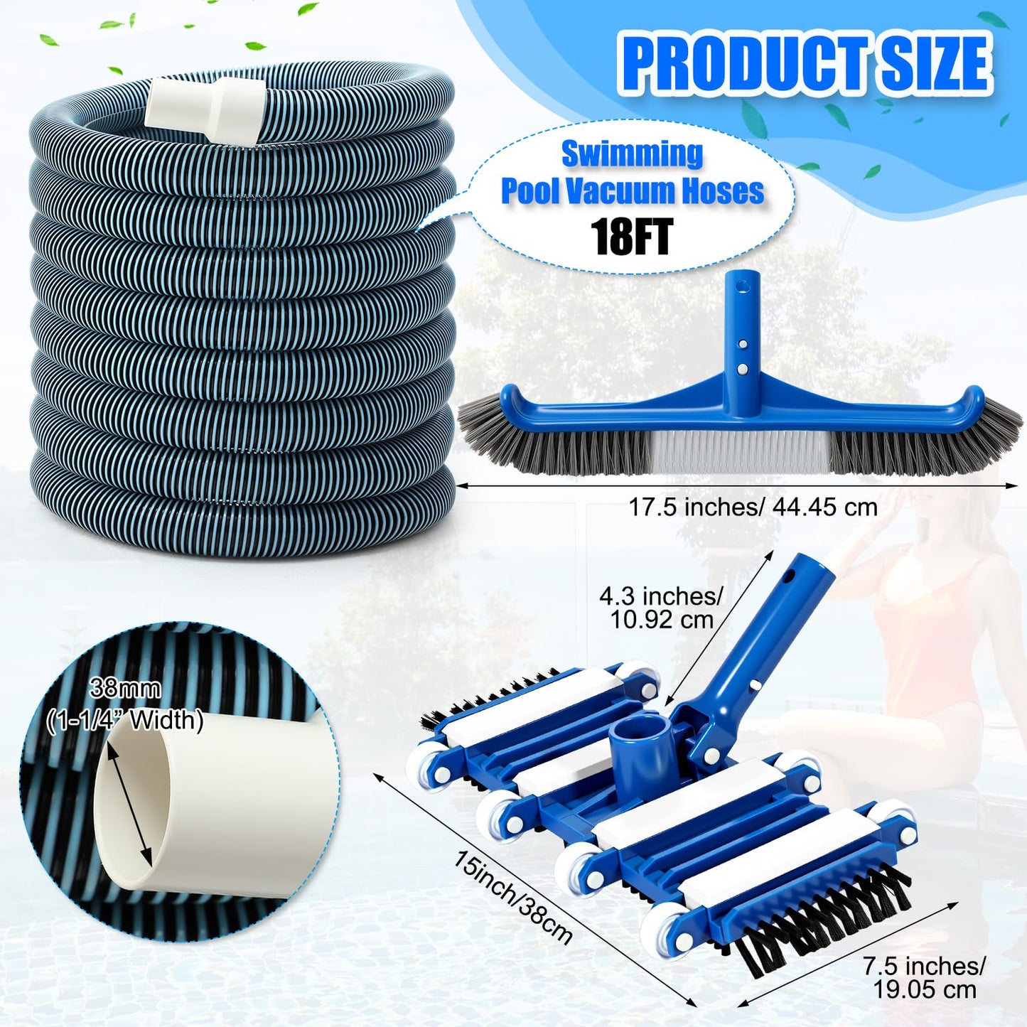 Innconee 3 Pcs Pool Cleaning Kit Swimming Pool Vacuum Head Hoses 1-1/2" x 30ft with Swivel Wheel Vacuum Head and 14 '' Brush for Inground & Above Ground Pools Spas Ponds Cleaning Manual(with Bristles)