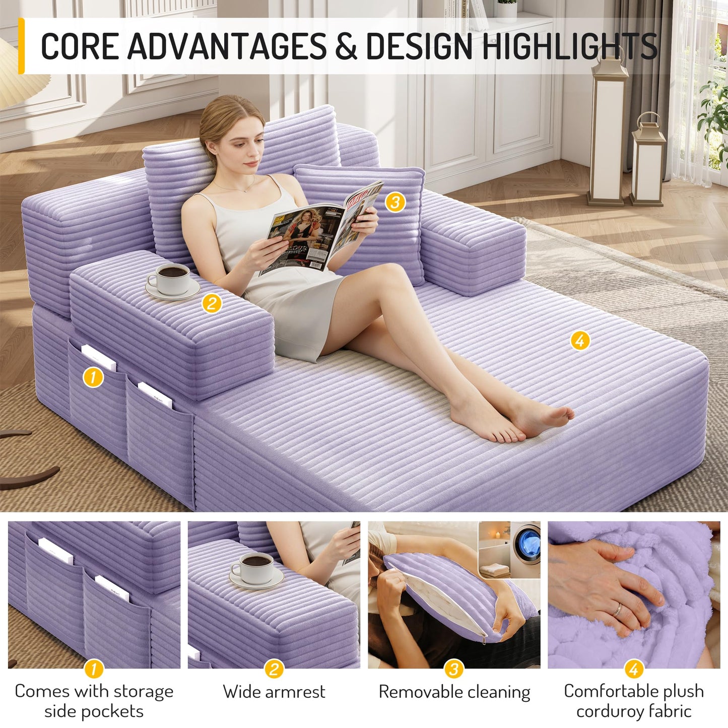 Oversized Convertible Chaise Lounge Chair Indoor, Corduroy Upholstered Boneless Sleeper Sofa Bed with Side Pockets, Modern Deep Seat Cloud Couch Reading Chairs for Living Room (Purple)