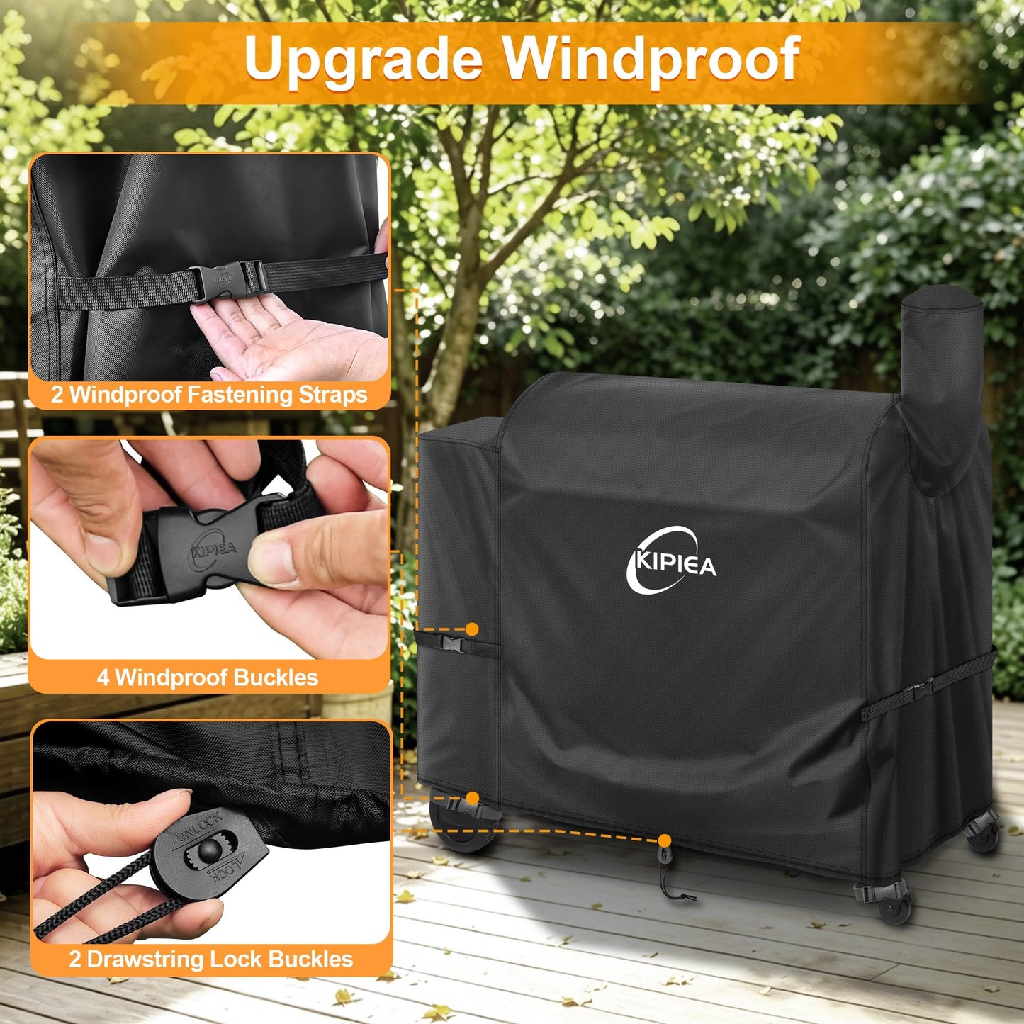 Kipiea 600D Heavy Duty Grill Cover for Traeger Pro 34 & 780 Series, Waterproof Wood Pellet Smoker Cover with Windproof Buckles, Pellet BBQ Grill Covers for Outside Anti-UV, No Tear, No Fading