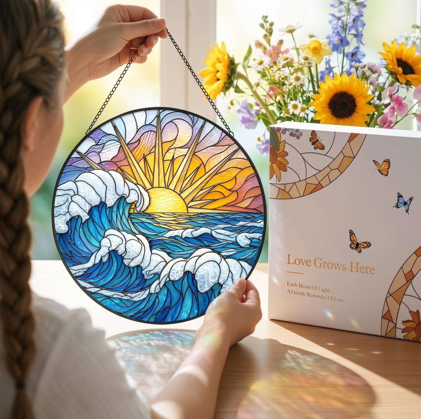 Suncatcher for Window | 3D Embossed Stained Glass Ocean Sunrise Beach Design | Diamond Glass Rainbow Maker with Crystal Chime Gift Box Set | Coastal Decor Gift
