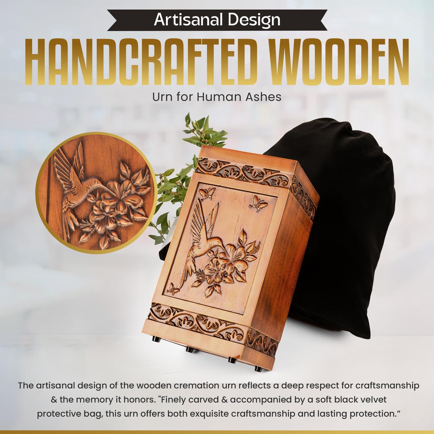 Large Wooden Cremation Urn for Human Ashes Adult – Handcrafted Hummingbird & Floral Engraving – Funeral Urn for Mother, Father, Men & Women – Display at Home or Niche at Columbarium – 270 Cubic Inches