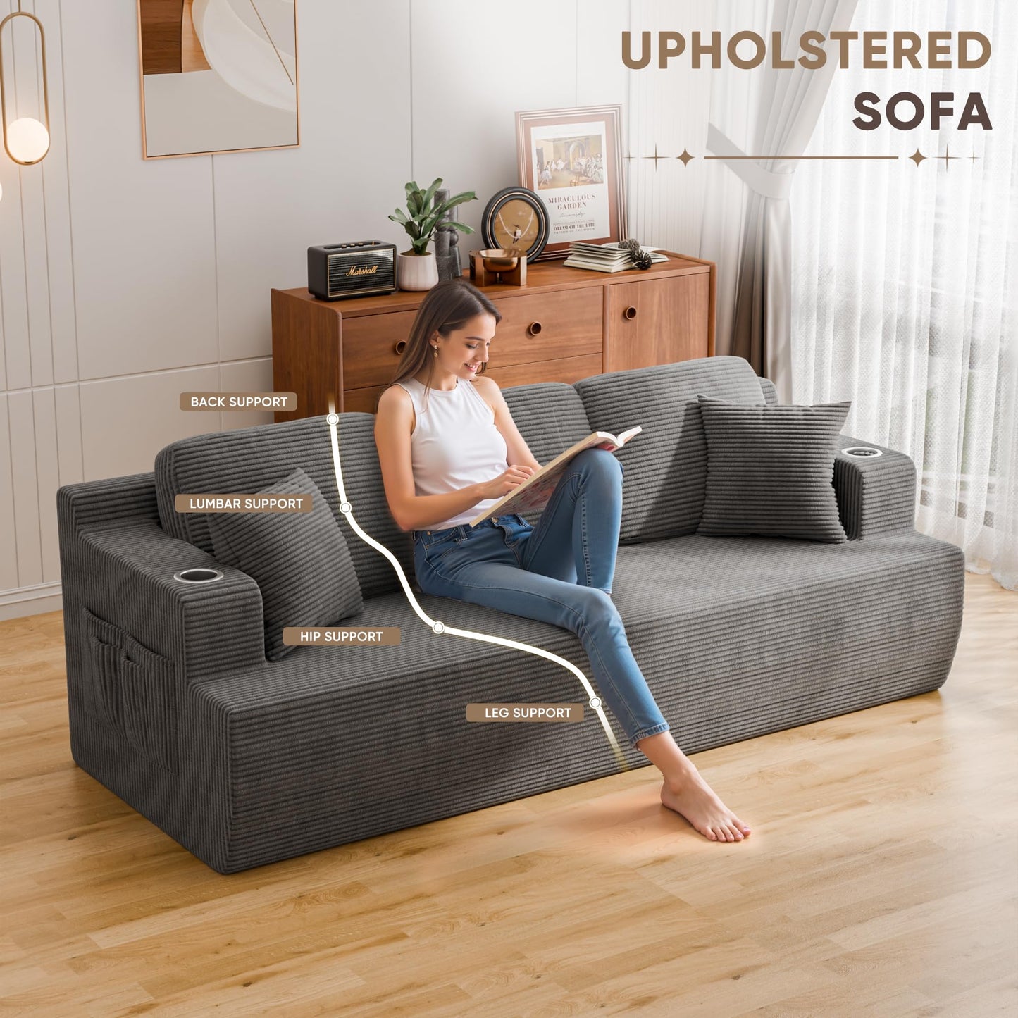 Homall 87” Boneless Sofa Couch with 2 Pillows Extra Deep Seats, Corduroy Fabric 3 Seater Sofa for Living Room with Cup Holder & Storage Pocket Upholstered Floor Sofa Easy Installation (Grey, 3 Seater)