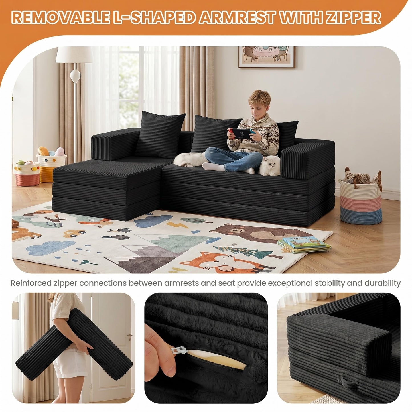 65" Boneless Couch,Convertible Sleeper Sofa Bed, Modular Sectional Sofa, Modern Tri-Folding Cloud Couch with L-Shape Chaise, Corduroy Futon Couches for Living Room Small Spaces Apartment,No Assembly
