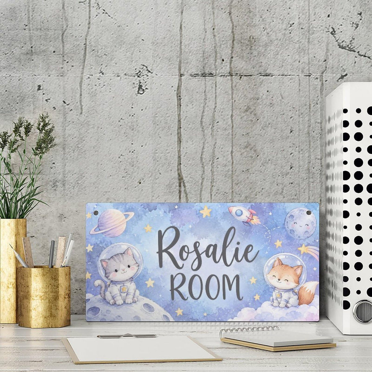 Personalized Girl's Room Sign, Custom Name Wooden Door Plaque, Cute Astronaut Cat & Fox Space Theme, Kids Bedroom Watercolour Hanging Sign