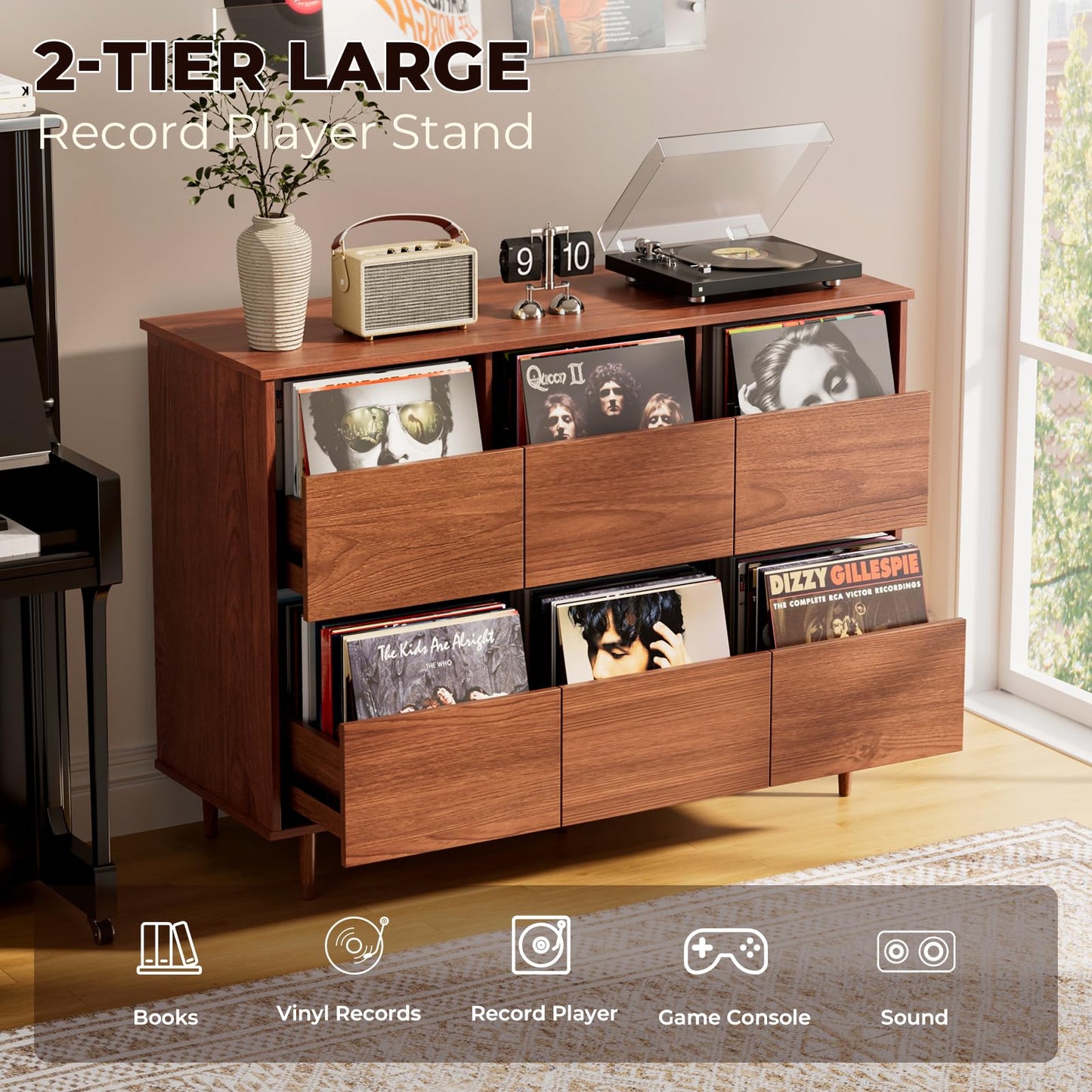 BROTTAR 47.2" Large Record Player Stand, Vinyl Record Storage Cabinet,Brown