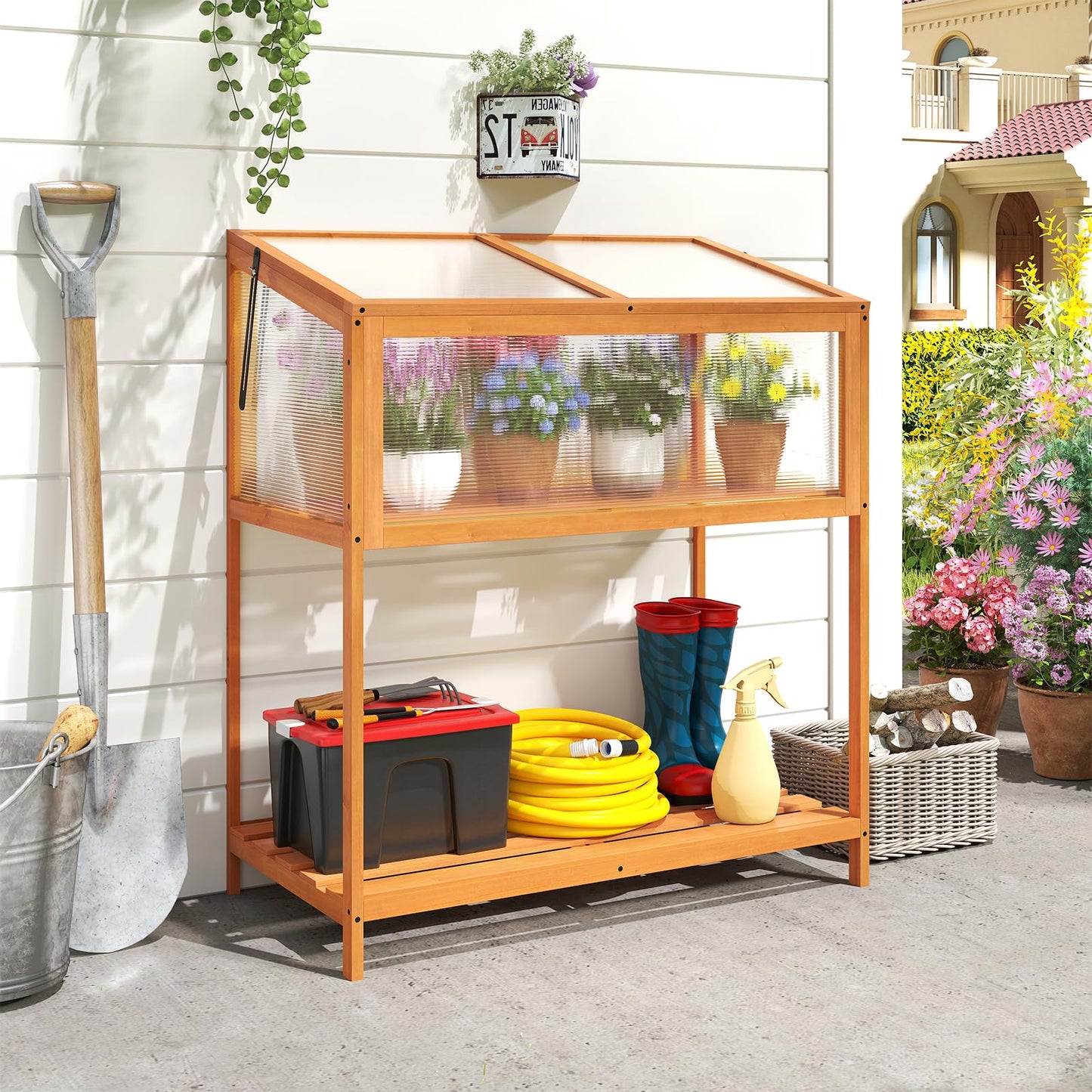 Giantex Wood Cold Frame Greenhouse, Raised Flower Planter Protection with Transparent Openable Roof & Slatted Shelf, Indoor Outdoor Hot House for Garden Balcony, 36”x20”x42”