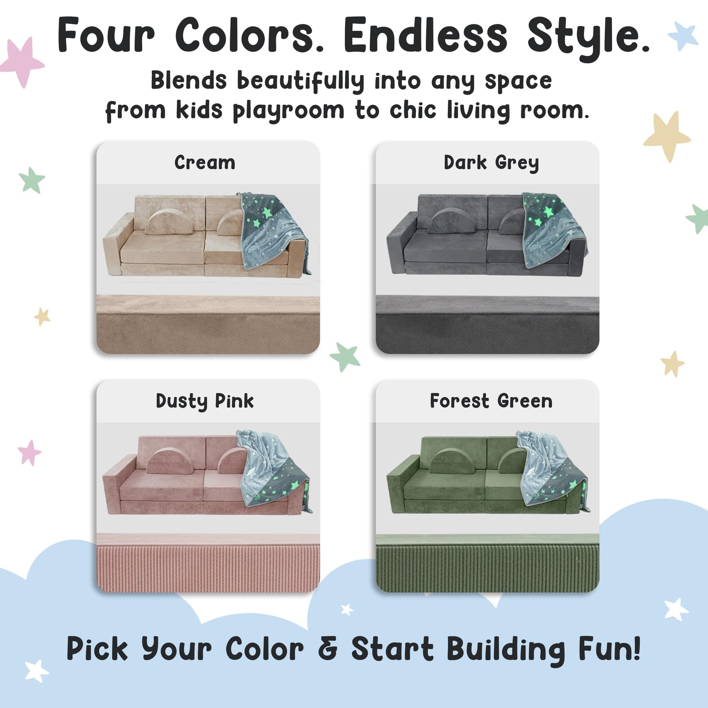 Cubby Couch 12-Piece Modular Kids Play Couch - Soft & Durable Toddler Couch with CertiPUR US Foam, Washable Covers - Playroom Furniture, Kids Sofa for Lounge, Living Room & Playroom - Green