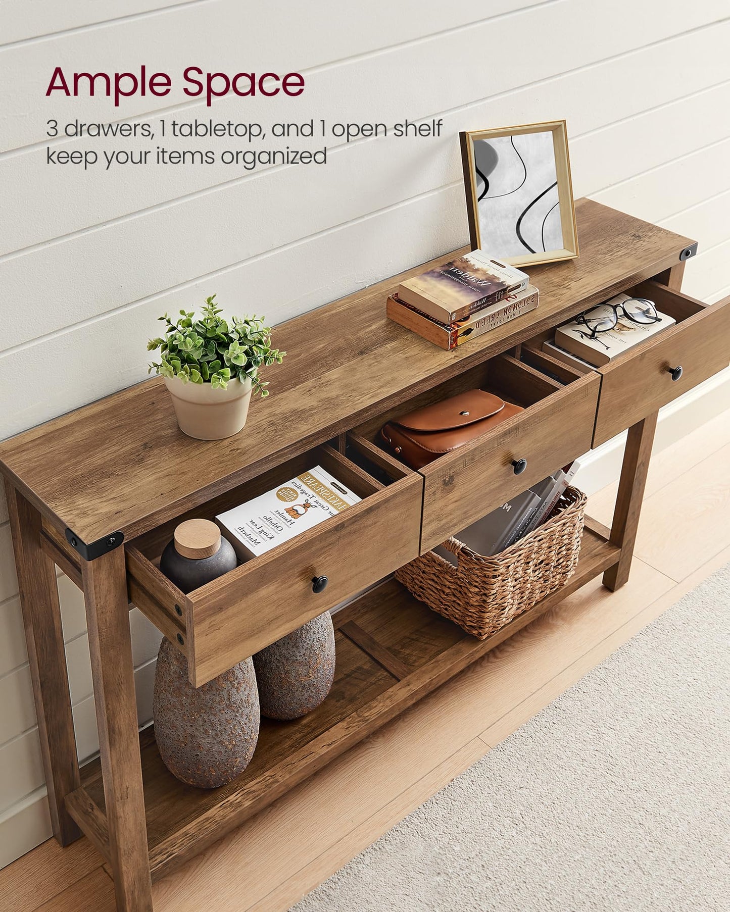 VASAGLE LIRY Collection - Console Sofa Table, Narrow Entryway Table with 3 Drawers, Open Storage Shelf, Metal Corners, for Living Room, Farmhouse Style, Honey Brown ULNT142KB02S