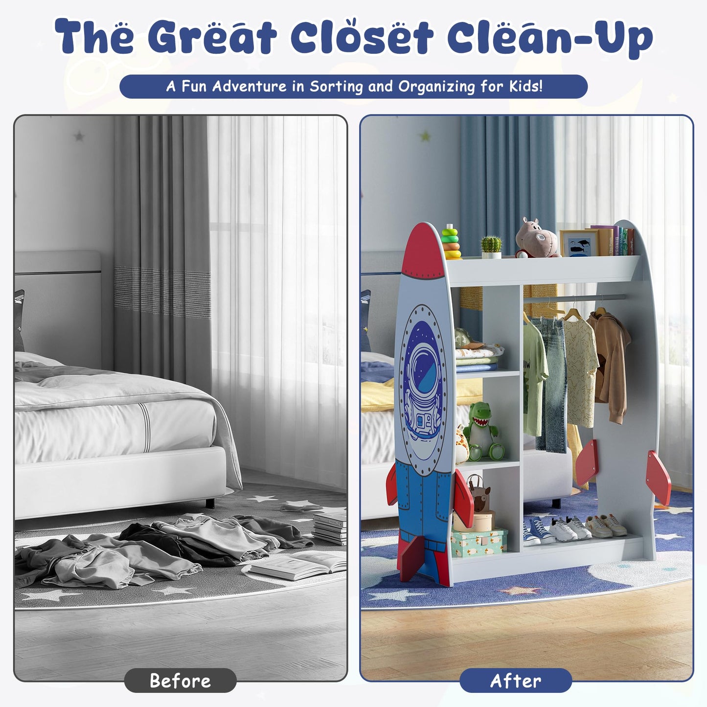 BVIUNTWO Rocket-Themed Kids Dress Up Storage with Mirror, Wooden Costume Organizer for Boys, Toddler Closet Organizers and Storage Armoire with Hanging Rod, Open Clothes Rack for Playroom & Bedroom