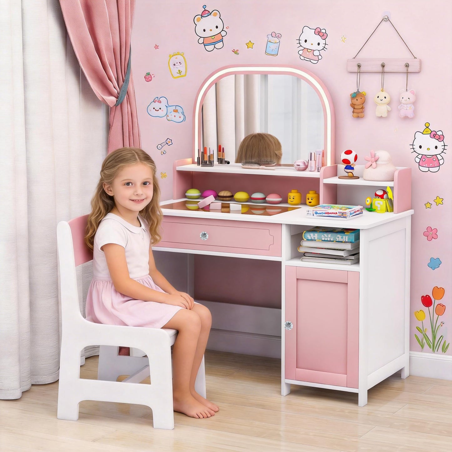 Vavkorkula Kids Vanity Set, Toddler Dresser Small Vanity Desk with Mirror and Lights for 3-8 Years Old, Wooden Dressing Table Kids Makeup Vanity Organizer Sets for Girls, Pink