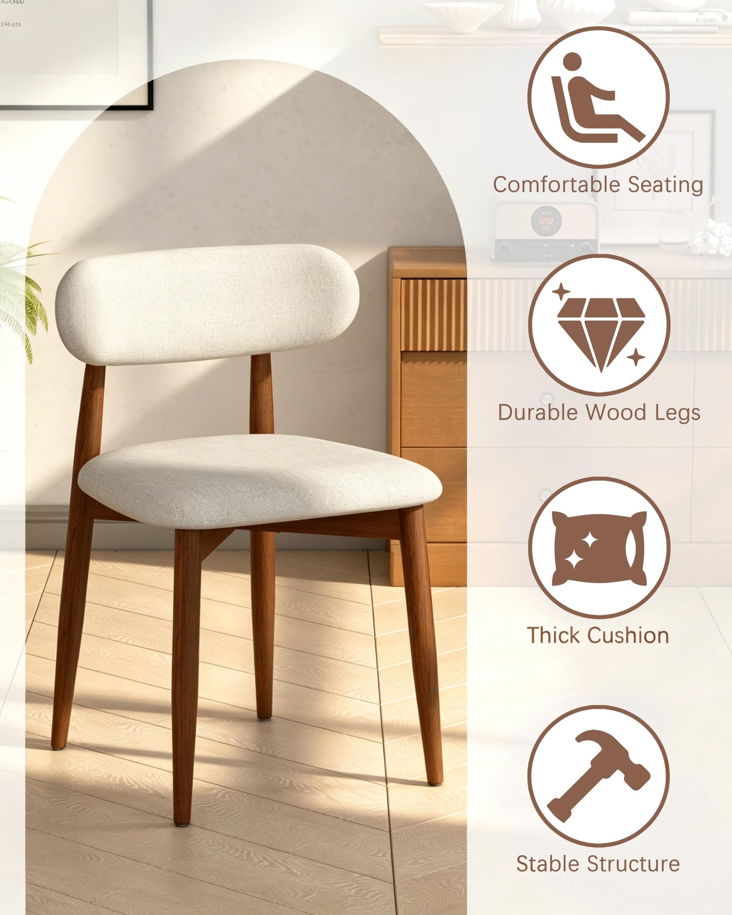 Fabulcozy Solid Wood Dining Chairs Set of 2, Mid‑Century Modern Square Seat Cushion Chairs with Extra‑Thick 1.6" Legs and Curved Back, Heavy‑Duty Kitchen & Dining Room Chairs, Beige