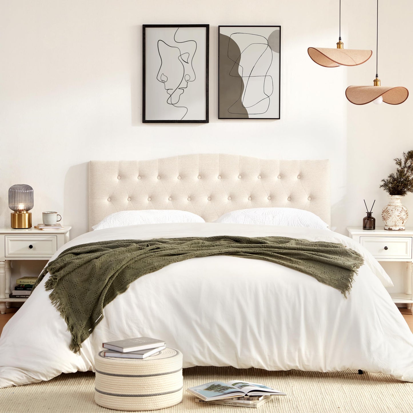 Huatean Home Tufted Upholstered Headboard California King, Sturdy and Durable Solid Wood Bed headboard, Fabric Headboard Adjustable Height from 37” to 51”, Button Diamond Design Head Board, Beige