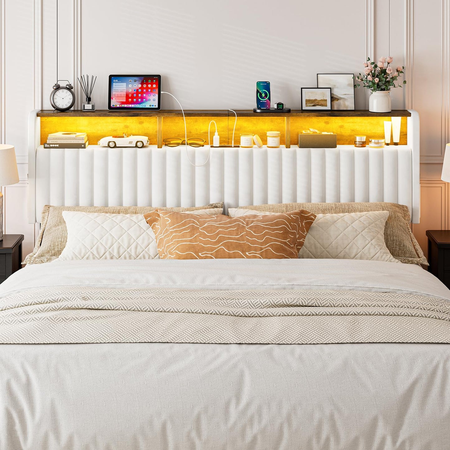 IKIFLY California King Size Storage Headboard Only, Adjustable Height, Velvet Upholstered Head Board with LED Lights & Charging Station, Easy Assembly, Modern Freestanding Headboard, White