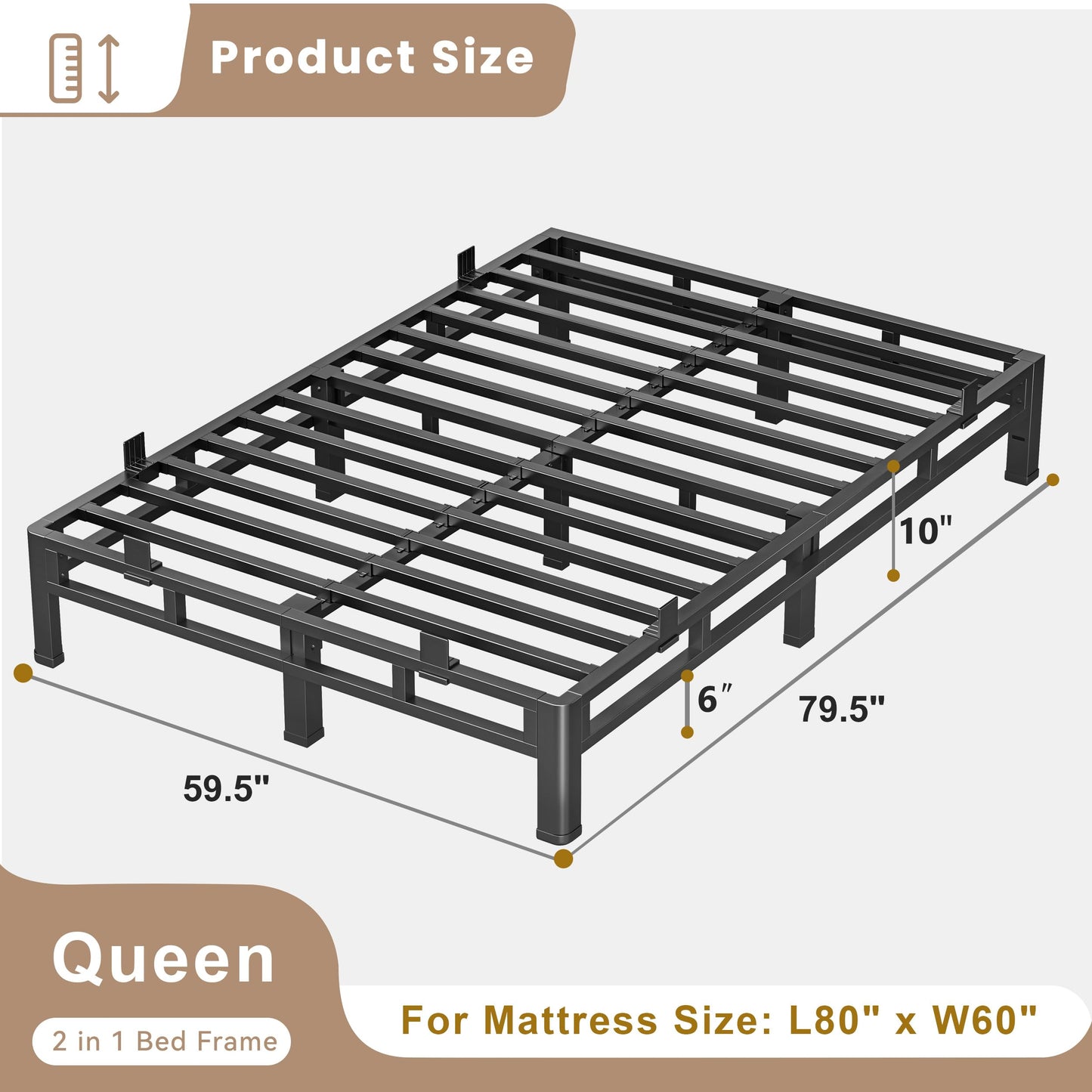 ROIL 10 Inch Queen Bed Frame, Metal Bed Frame & Box Spring 2 in 1 Platform with Round Corner Legs, 4000LBS Double Layer Low Profile Metal Platform Mattress Baffles, Noise-Free Easy Assembly