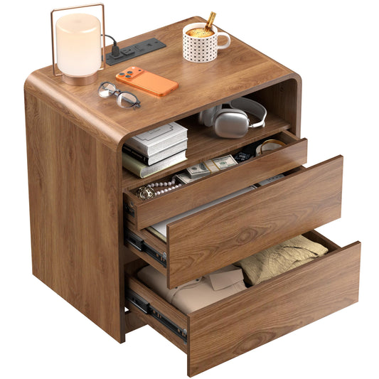 23.8" Modern Nightstand with Hidden Drawers Walnut Night Stand with Charger Station Mid Century Bedside Table Curved Wood Side Table for Bedroom Dorm