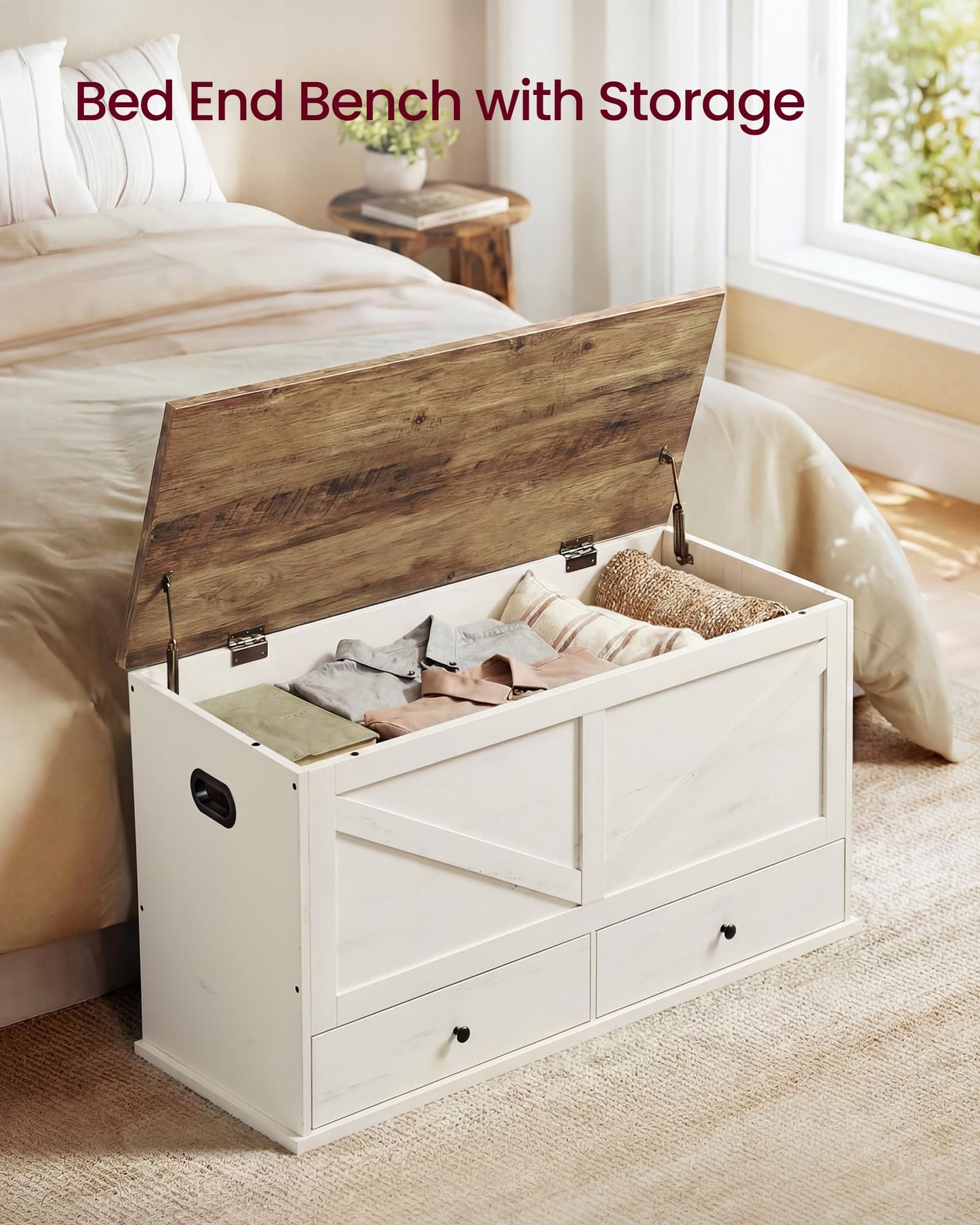 VASAGLE Storage Chest, Storage Bench with 2 Fabric Drawers, Farmhouse Style, for Entryway, Bedroom, Living Room, 15.7 x 39.4 x 19.9 Inches, Rustic White and Honey Brown ULSB043W02