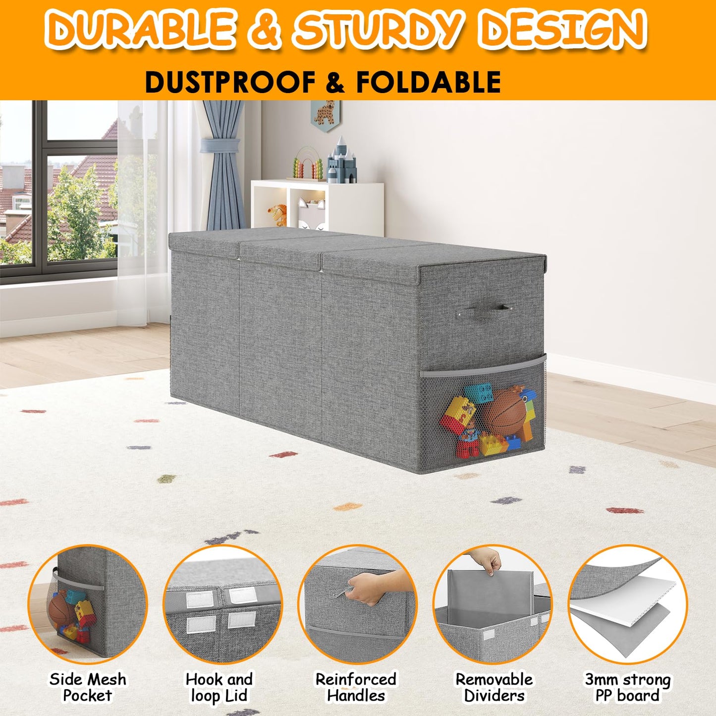 Fineonly Extra Large Toy Box Chest with Lid, Kids Toy Storage Organizer for Boys Girls, Big Toy Bin Basket Extra Large Toy Storage Box for Living Room Playroom Nursery (40" x14" x16")