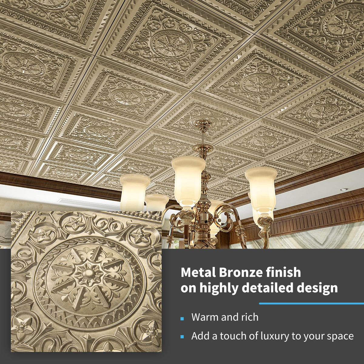 Art3d 12-Pack PVC Drop Ceiling Tiles, 2 x 2 ft, Antique Gold