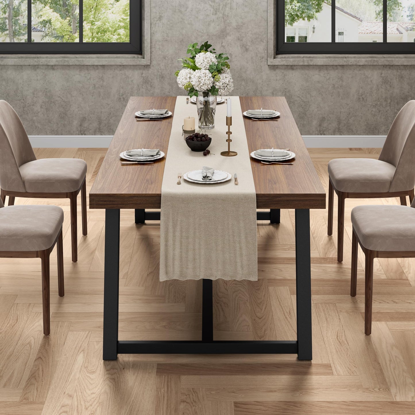 IRONCK 71" Dining Table for 6-8 People, Industrial Kitchen Table with Sturdy Metal Frame, Rectangular Brown Wood Dinner Table for Dining Room